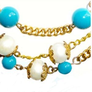 3 STRAND GOLDTONE TURQUOISE-REAL PEARL NECKLACE